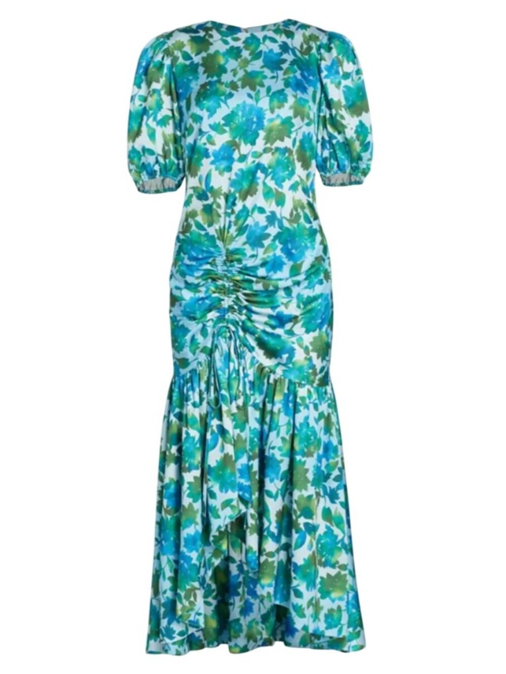 AMUR Trissa Ruched Midi Dress Cerulean Lotus block print  Recycled Poly - Size 4